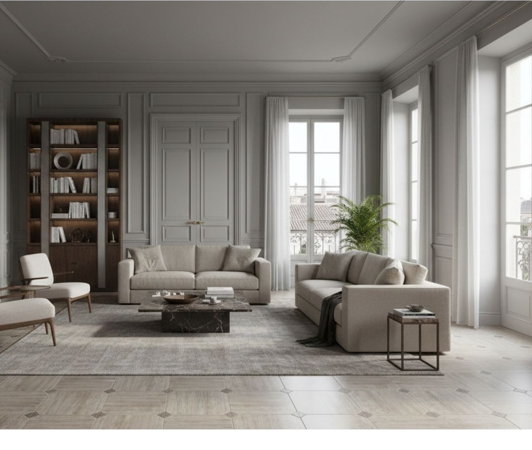 Fuji Moka RMB 45x45 + Taco Marfil 8x8 · Salón — interior español con pavimento cerámico