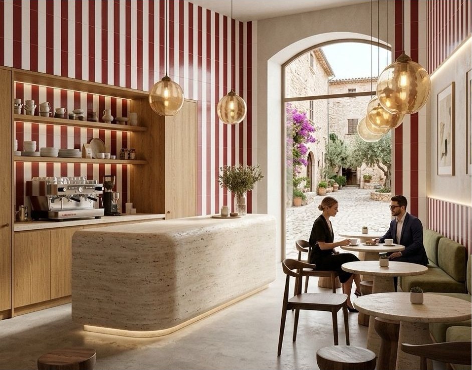Nuances Basento + Nuances Serchio — Brillo · Cafetería — interior español con cerámica de 20×20