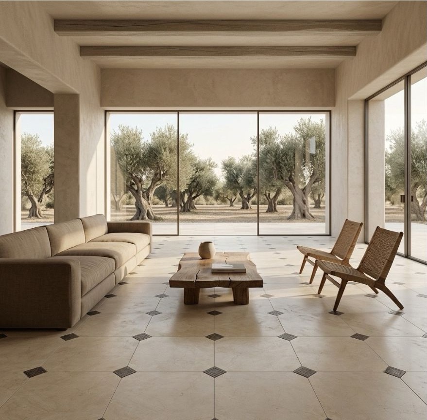 Da Vinci Beige RMB 45x45 + Taco Férrico 8x8 · Estar — interior español con pavimento cerámico