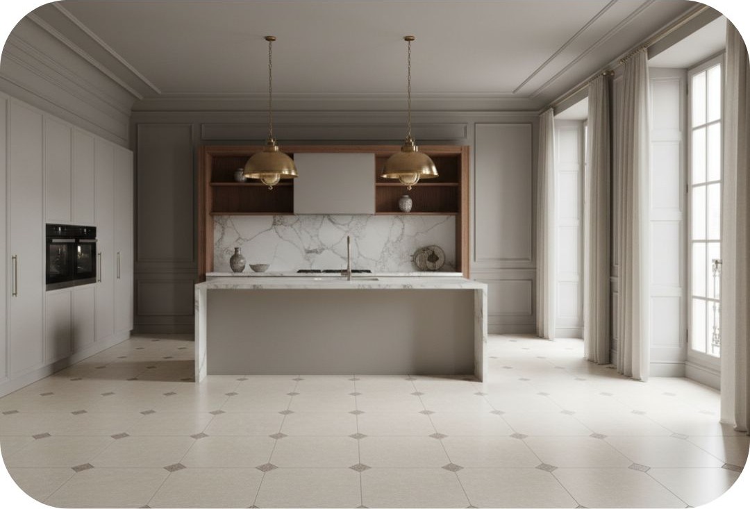 Da Vinci Beige RMB 45x45 + Taco Marfil 8x8 · Cocina — interior español con pavimento cerámico