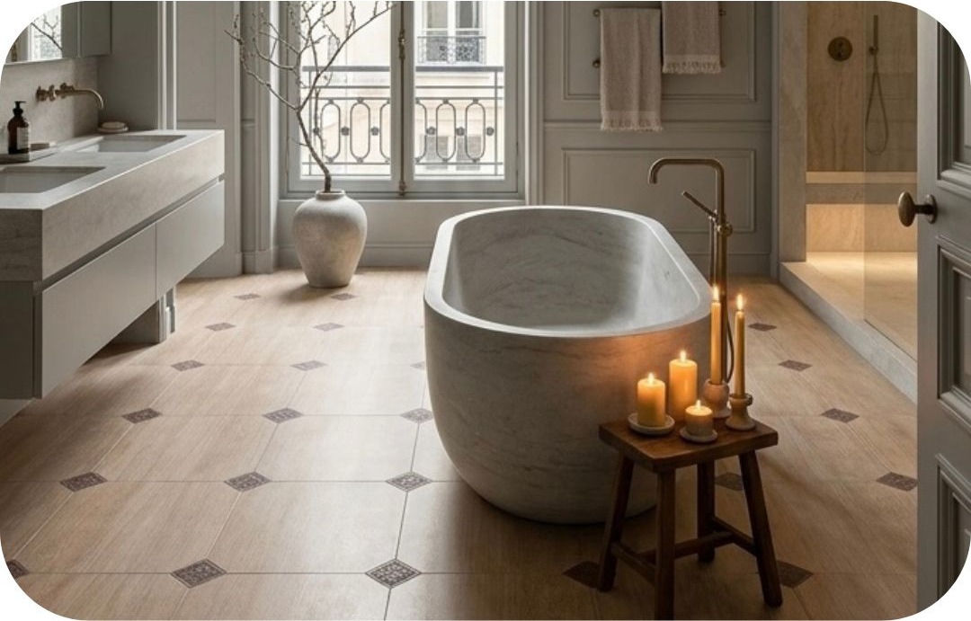 Fuji Moka RMB 45x45 + Taco Marfil 8x8 · Baño clásico — interior español con pavimento cerámico
