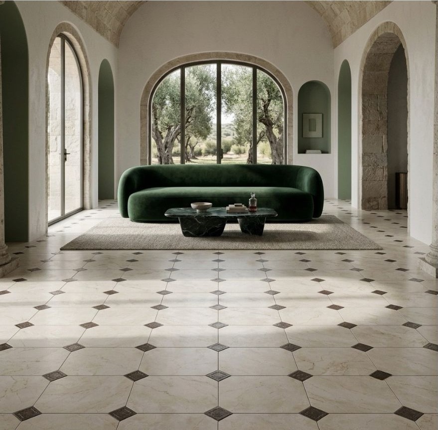 Da Vinci Beige RMB 45x45 + Taco Férrico 8x8 · Salón — interior español con pavimento cerámico