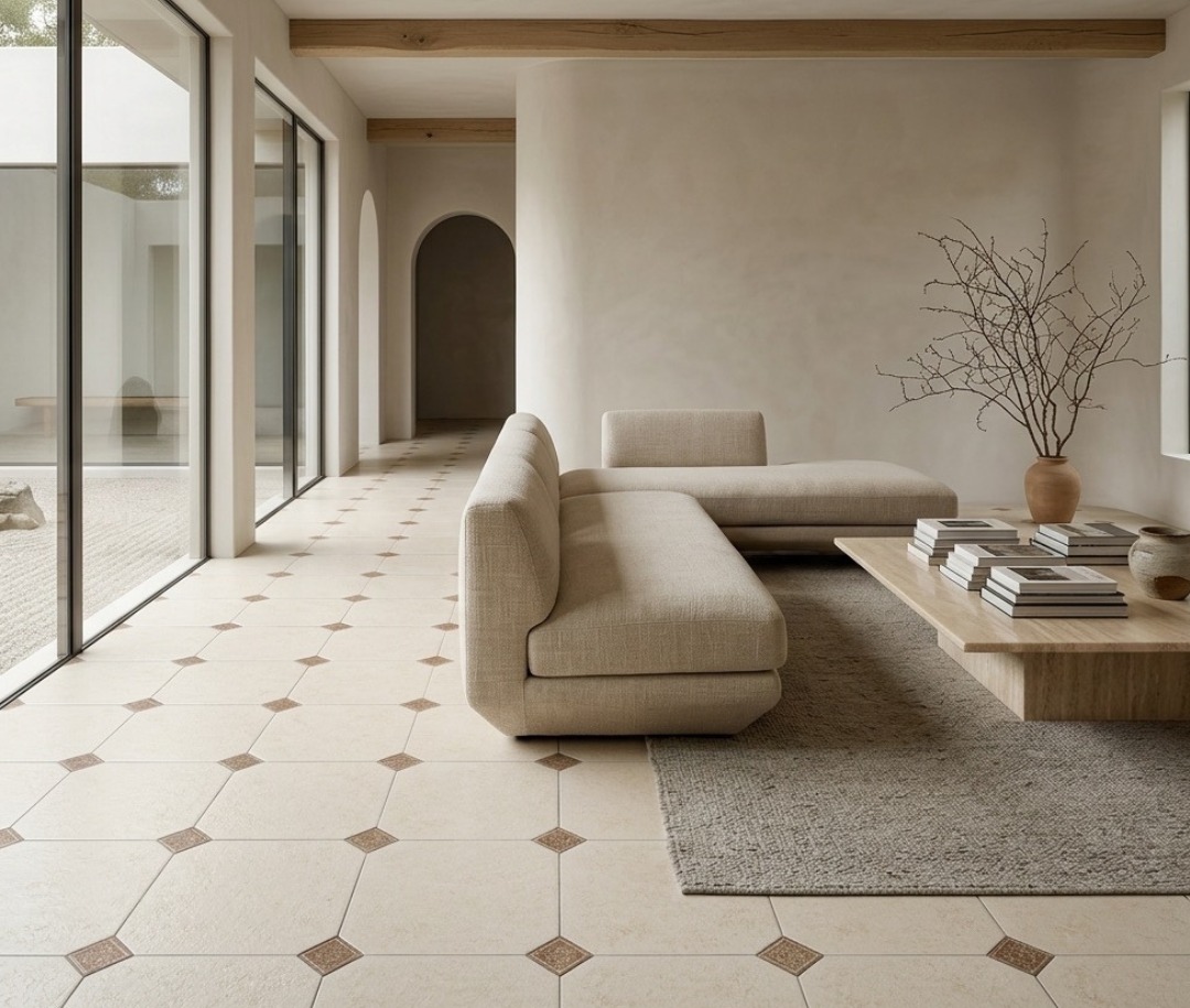 Kioto Beige RMB 45x45 + Taco Marfil 8x8 · Salón — interior español con pavimento cerámico