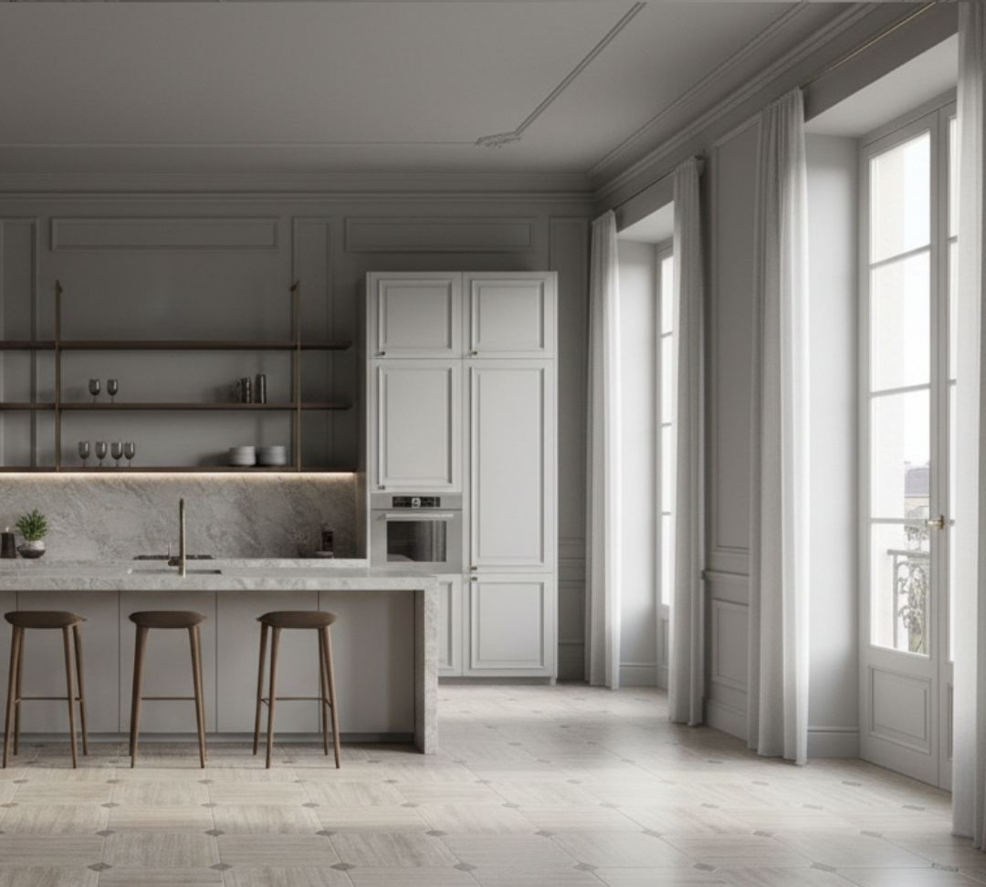 Fuji Moka RMB 45x45 + Taco Marfil 8x8 · Cocina — interior español con pavimento cerámico