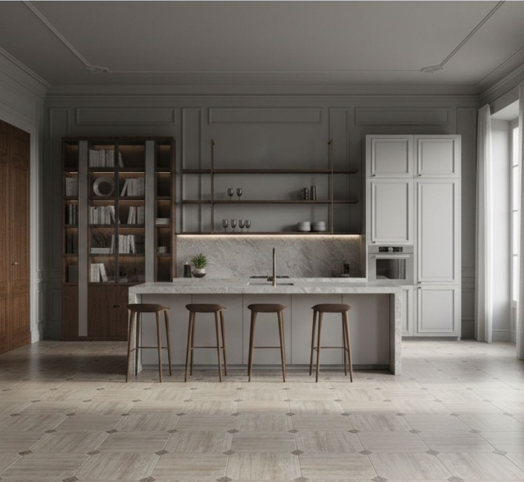 Fuji Moka RMB 45x45 + Taco Marfil 8x8 · Cocina isla — interior español con pavimento cerámico