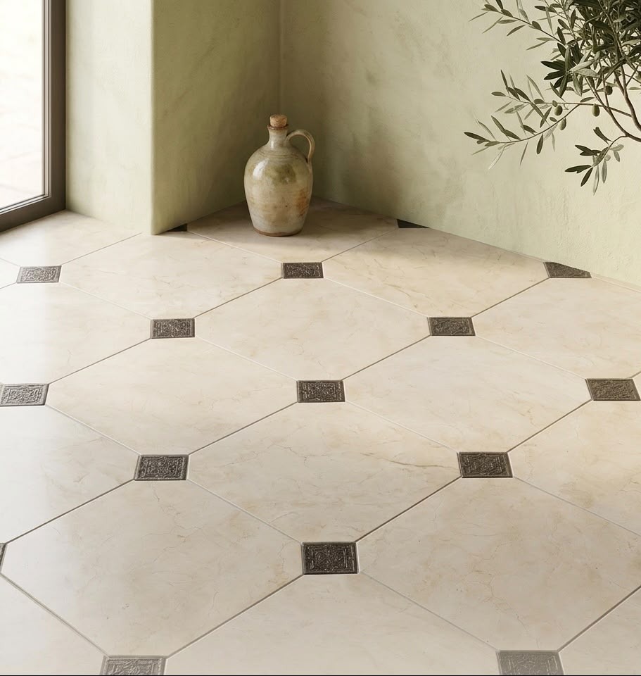 Da Vinci Beige RMB 45x45 + Taco Férrico 8x8 — despiece cerámico en rombo