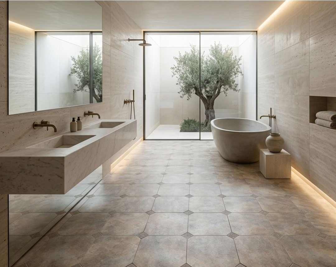 Baño con pavimento cerámico y patio con olivo