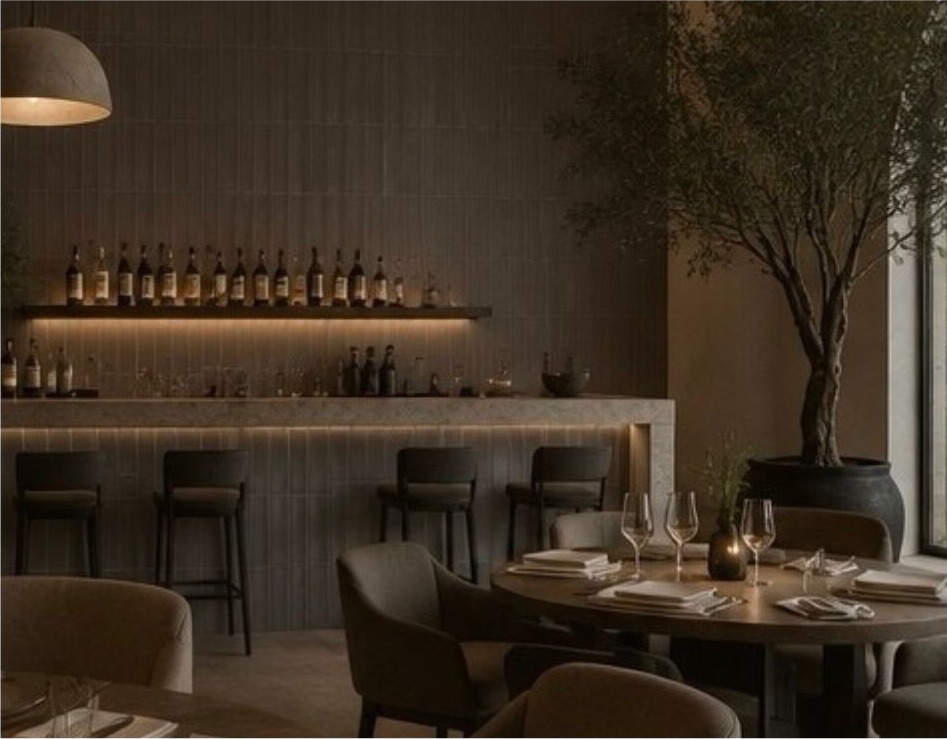 Nuances Neto — Brillo · Restaurante — interior español con cerámica de 20×20