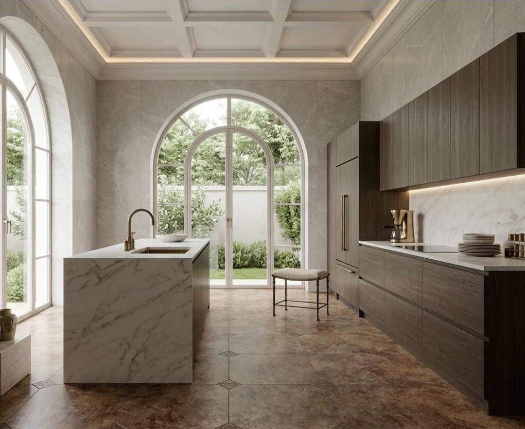 Botticeli Marrón RMB 45x45 + Taco Bronce 8x8 · Cocina — interior español con pavimento cerámico