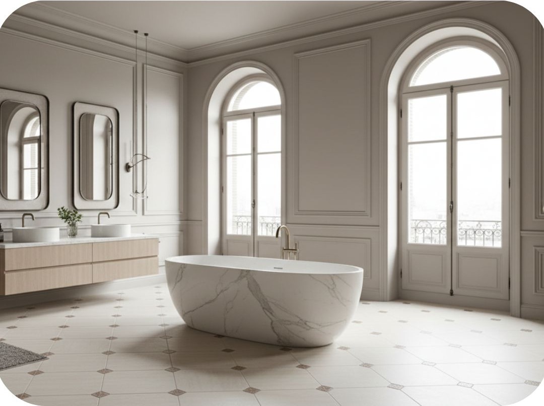 Kioto Beige RMB 45x45 + Taco Marfil 8x8 · Baño — interior español con pavimento cerámico